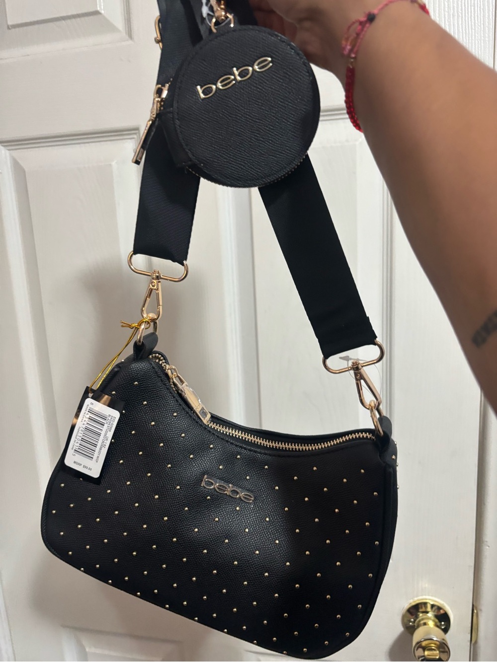 bebe Black Studded Shoulder Bag with Detachable Coin Pouch